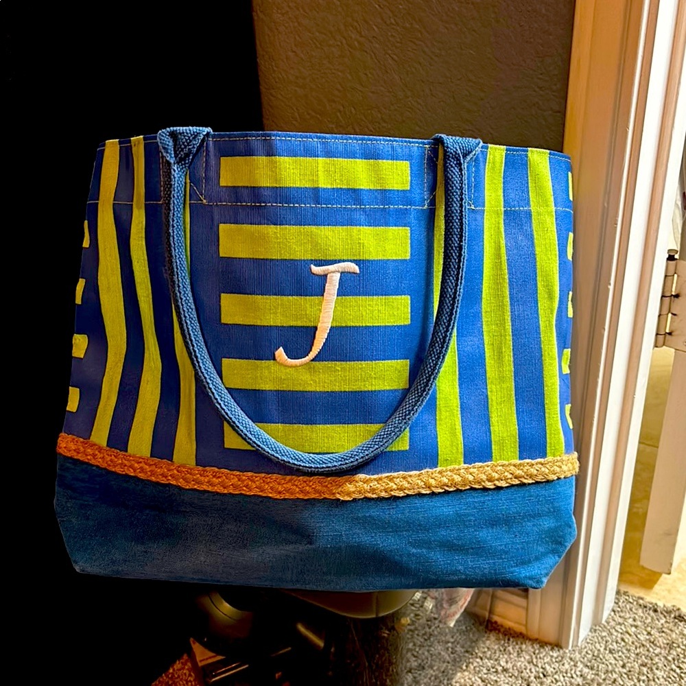 Blue and Green Striped Tote Bag with matching hat